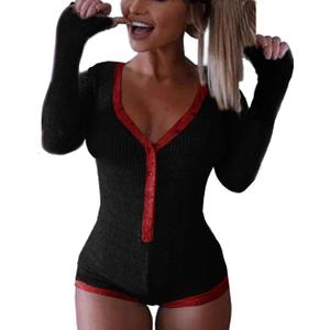 Roselux Women's Sexy Deep V Neck Shorts Long Sleeve Knitted One Piece Bodysuit Sexy Pajama Onesie Bodycon Rompers Overall (Large)