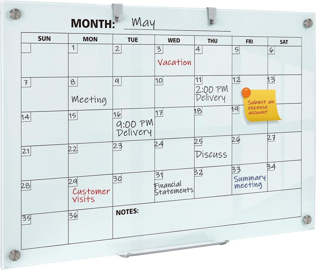 Glass Dry Erase Calendar for Wall, 36 x 24 Inches Magnetic Glass Calendar Whiteboard, 3' x 2' Frameless Monthly Planner Board for Office, Home, School