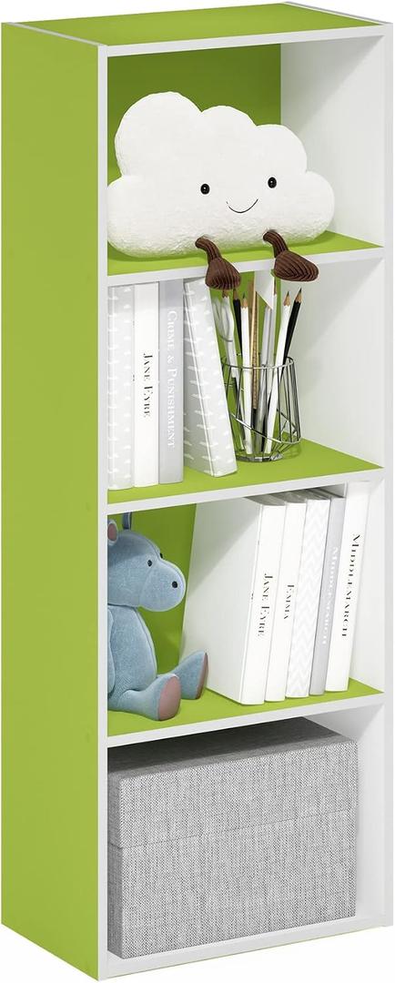 Furinno LUDER 4-Tier Book Shelf, Open Shelves Bookshelf, Green/White, 4-Tier, 9.3 x 15.6 x 41.7