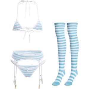 ABAFIP Women Cute Kawaii Anime Lingerie set Halter Strap Micro Bra Tiny Panty Garter Belt Striped Stockings 4Pcs Underwear (One Size, Blue)
