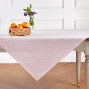 Solino Home Linen Tablecloth 52" x 52"- Amalfi Stripe, 100% Pure Linen Coral and White Square Tablecloth - Machine Washable Table Throw for Mothers Day, Summer (52" x 52" (Square), Coral & White)