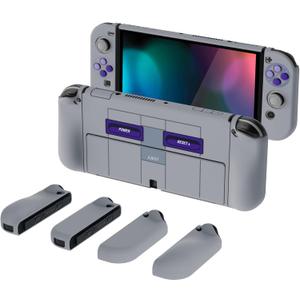 PlayVital AlterGrips Protective Slim Case for Nintendo Switch OLED, Ergonomic Grip Cover for Joycon, Dockable Hard Shell for Switch OLED w/Thumb Grip Caps & Button Caps (Classics SNES Style)