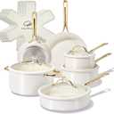Chef Power Ceramic Cookware Sets, 15Pcs Pots and Pans Set Non Stick, Cookware Set with Stainless Steel Handle, Dishwasher & Oven Safe, Cream White and Light Gold Handle
