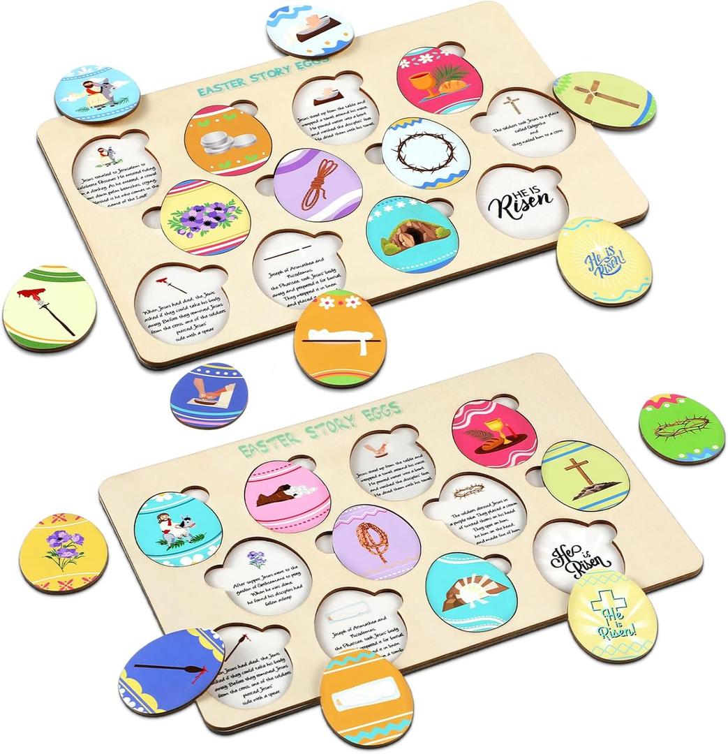 Ceenna 24 Pcs/2 Set Resurrection Easter Story Eggs Wooden Egg Puzzle with Bible Symbols and Scripture Christian Gift Easter Basket Stuffers for Religious Sunday School Family