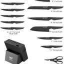Kitchen Knife Set with Block: 15-Piece High Carbon Stainless Steel Professional Knives - Comfortable Grip Reduces Hand Fatigue 30% - Dishwasher Safe and Sharpener - Black Knife Set for Cooking