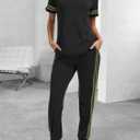 Women 2 Piece Outfits Summer Set Striped Short Sleeve Sweatsuits Crew Neck Pullover Lounge Tracksuit with Pocket (Black, S)