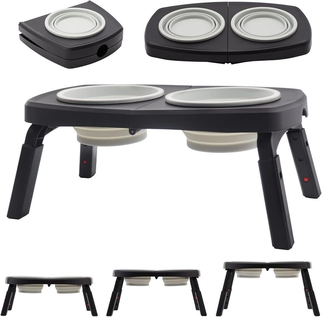 Raised Dog Bowl Elevated Bowls for Large or Medium Pet SIMMOUDE Double Food and Water Bowls with Stand 3 Adjustable Heights Collapsible Feeding Table Portable Outdoor Travel Hiking (Grey)