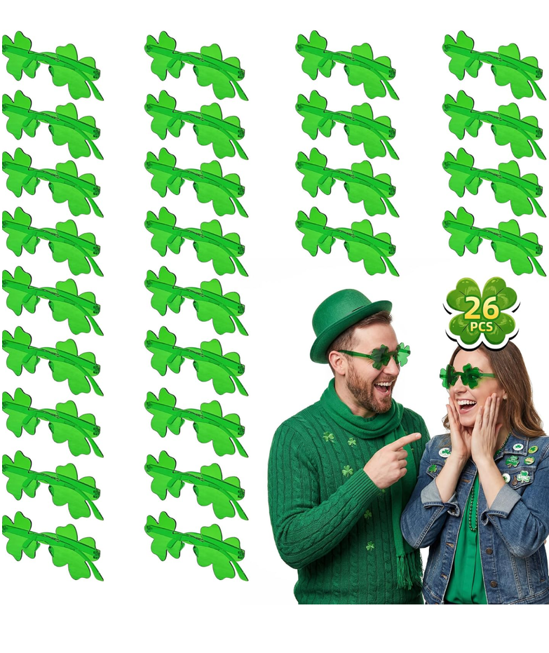 LIONO 26 PCS St. Patrick's Day Shamrock Glasses Party Favors, Green Clover Glasses for Family Friends, Students