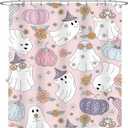 LIGHTINHOME Pink Halloween Shower Curtain 60Wx72H Inches 70s Retro Funny Ghost Y2K Cute Autumn Pumpkin Purple Flower Hippie Groovy Cloth Fabric Waterproof Polyester Bathroom Home Decor Set with Hooks