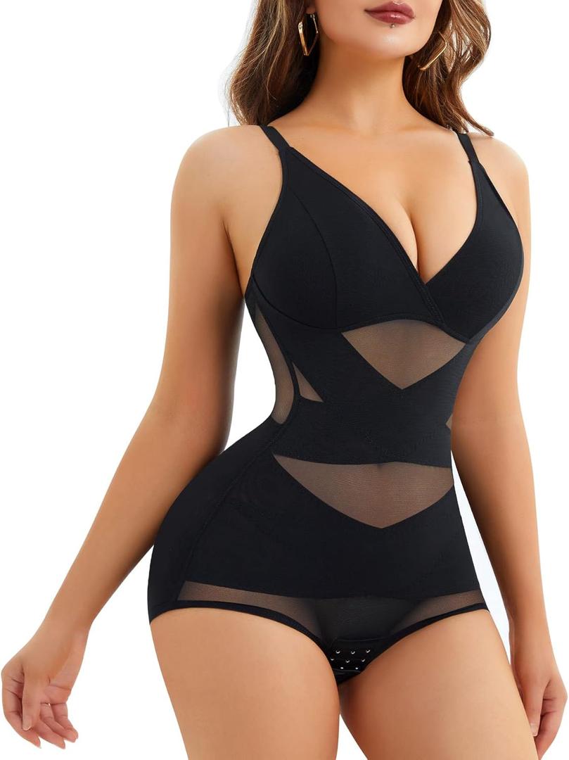 REYEOGO V Neck Bra Bodysuit Shapewear for Women Tummy Control Waist Trainer Full Body Shaper Butt Lifter Briefs Jumpsuit Tops (X-Large, Black)