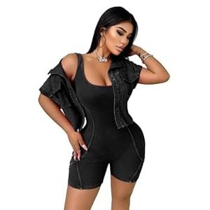 Voghtic 2 Piece Sets for Women Distressed Tank Rompers Crop Jacket Matching Sets (Medium, Black)