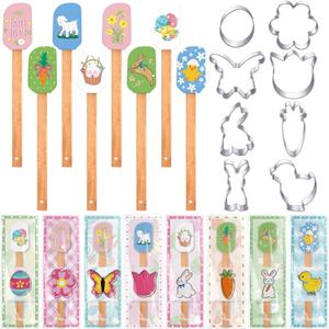Remerry 8 Sets Easter Spatulas and Cookie Cutters Set Spring Baking Gift Stainless Steel Bunny Egg Chick Carrot Cookie Cutters Baking Spatula Greet Cards Cooking Gift for Easter Cake DIY Supplies