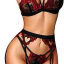 RSLOVE Women Lingerie Sets with Garter Belt 3 Piece Lace Teddy Babydoll Bodysuit (Large, Black&Rred)