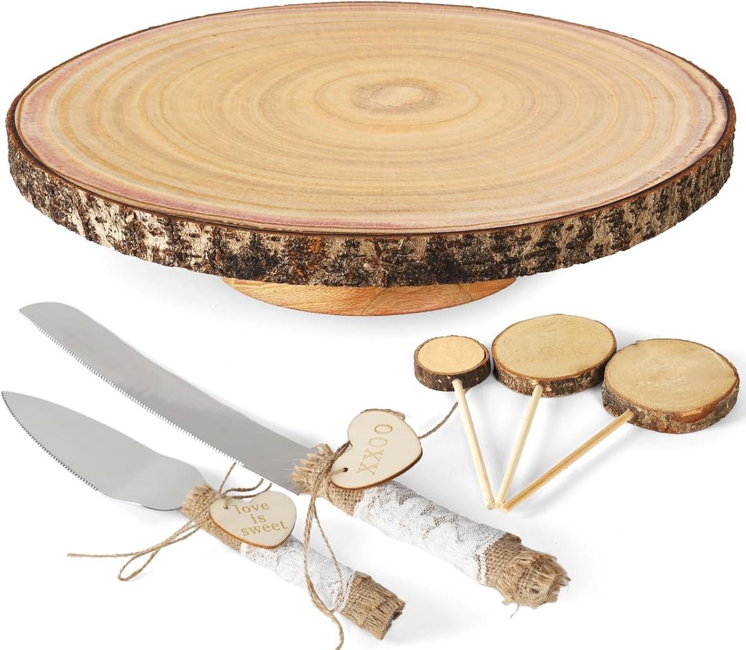 Wood Cake Stand- /w Wooden Slice Cake Topper and Cake Cutting Set, 12 Rustic Wedding Cake Stand, Wooden Cake Stand for Wedding Receptions or Any Special Events