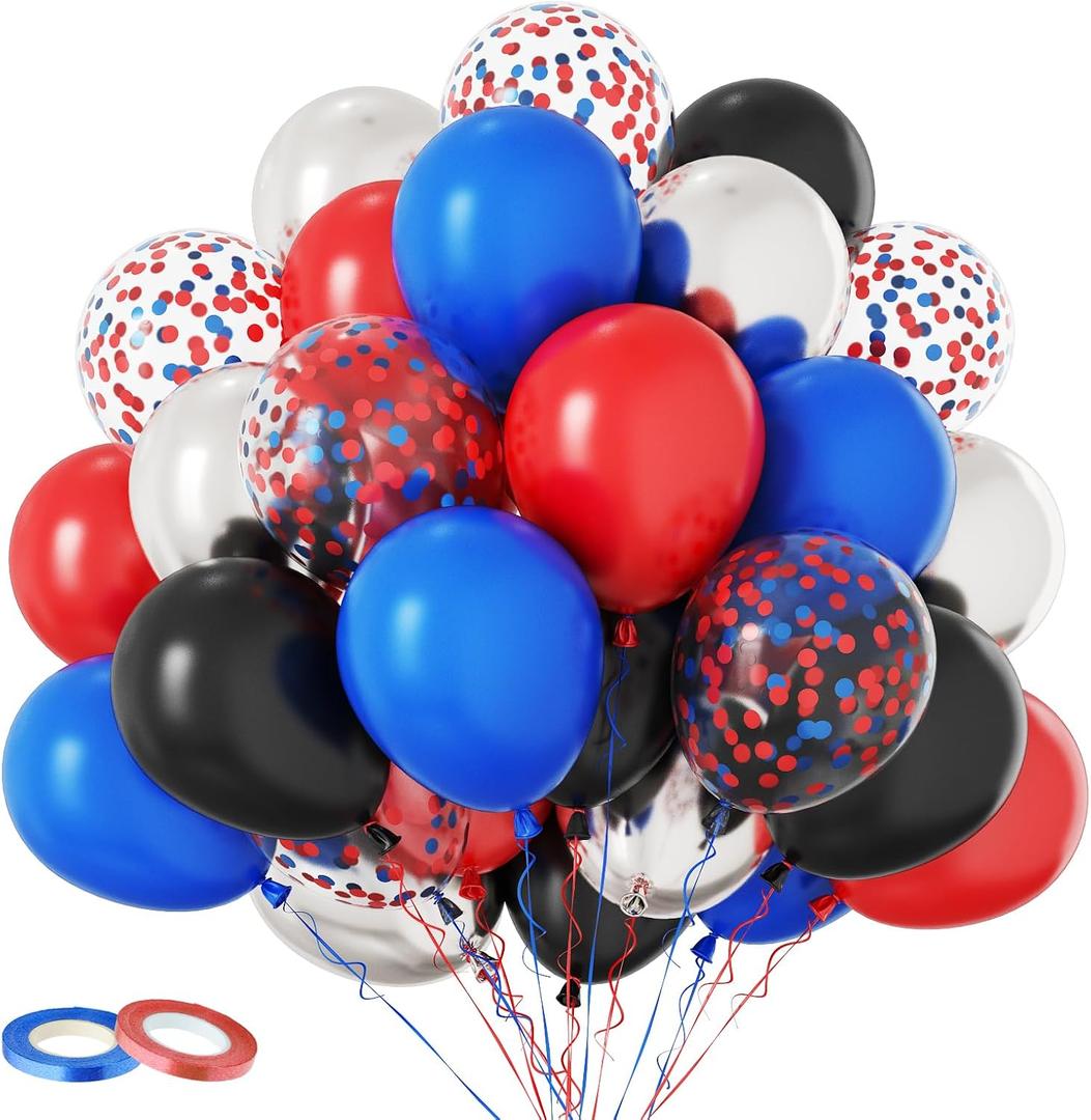Red Blue Black Balloons, 60PCS Red and Blue Party Balloons, 12Inch Metallic Silver Balloons Dark Red Blue Confetti Balloons for Boys Birthday Graduation Baby Shower Party Decorations