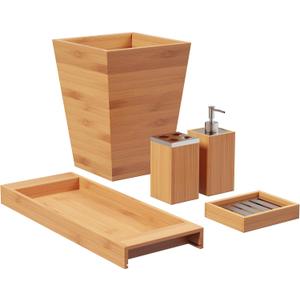 5-Piece Bathroom Decor Set - Bamboo Vanity Accessories with Trash Bin, Soap Dish, Soap Dispenser, Toothbrush Holder, and Tray by Lavish Home (Natural)