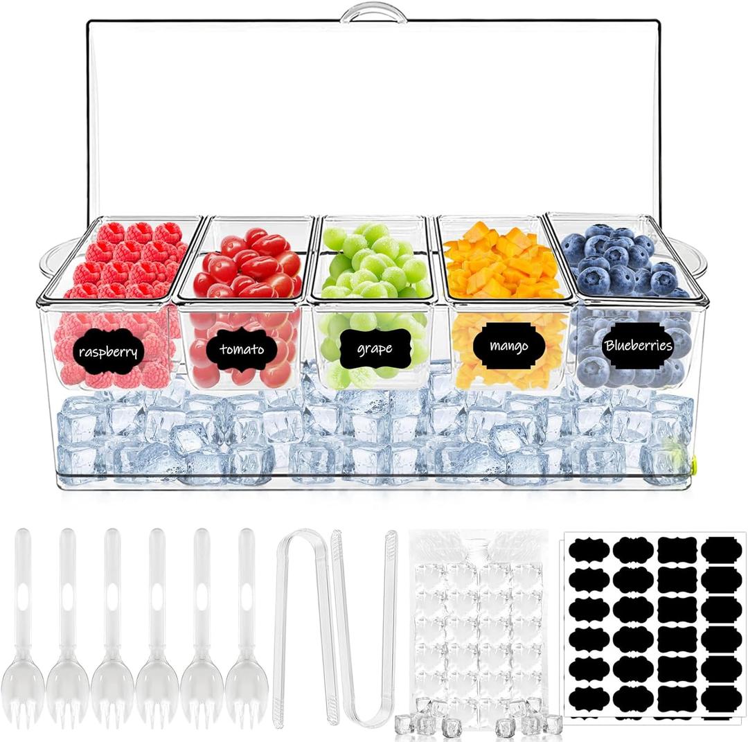 Ice Chilled Condiment Server Caddy, Bar Fruit Caddy with Lid and 5 Removable Compartments, Plastic Storage Food Container Clear Ice Condiment Serving Tray for Party, Toppings Bar Container