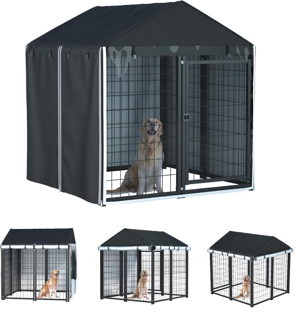 Outdoor Dog Kennel Cover,Full Coverage for 4.2'Dx4.2'Wx4.5'H Dog Cages,600d Heavy Duty Waterproof Large Dog Kennel Cover,(Cover Only) Black