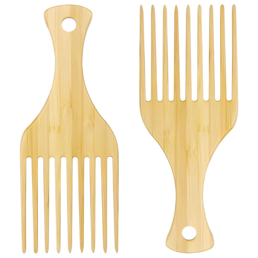 2-Piece Bamboo Comb Set for Afro Hair: Natural Anti-Static Picks for Curly, Thick Hair, Ideal for Men and Women, Eco-Friendly Styling and Detangling Solution