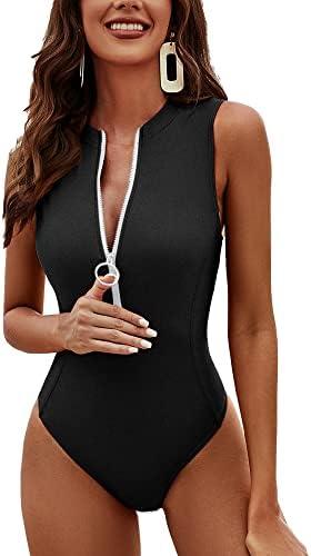 Charmo One Piece Swimsuit Women Zipper Bathing Suit Mock High Neck Full Coverage Racerback Rash Guard Swimwear 80s 90s Small