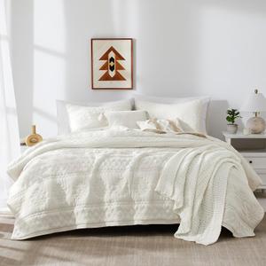 WDCOZY Boho Ivory Oversized California Cal King Size Quilt Bedding Sets with 2 Pillow Shams, Cream White Farmhouse Lightweight Soft Bedspread Coverlet for All Season, 3 Pieces