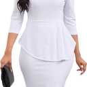 Yajedo Womens Peplum Bodycon Pencil Midi Dress 3/4 Sleeve Crew Neck Work Church Knee Length Sheath Dress Elegant White, Medium