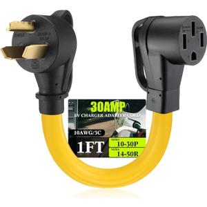 Tellegloww NEMA 10-30P to 14-50R EV Charger Adapter Cord, 30 Amp 3 Prong Male Dryer to 50 Amp 4 Prong Female EV Compatible with Tesla for Level 2 Charging with Handle, STW 10 AWG, 1FT, ETL Listed
