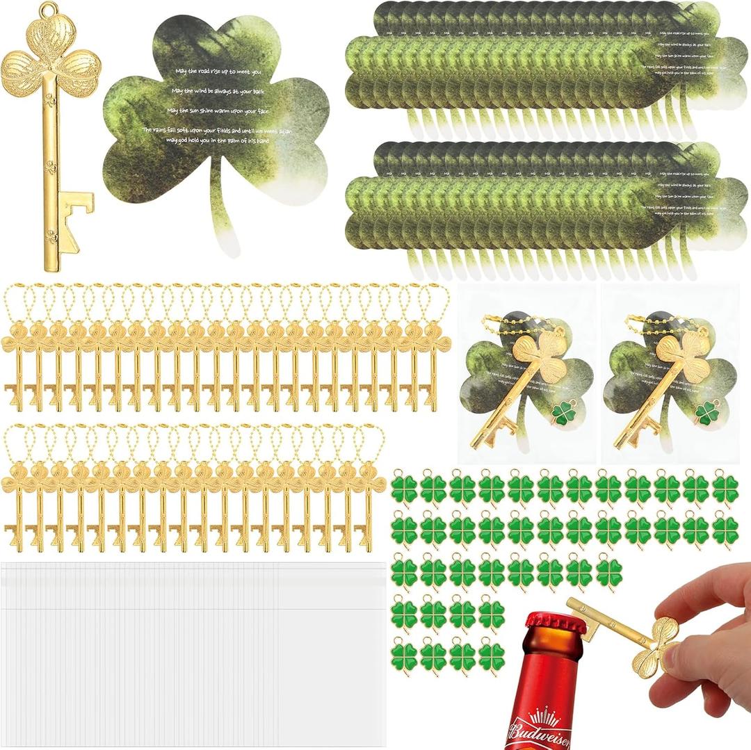 40 Set St Patricks Day Gifts Set Include Key Bottle Openers Clover Blessing Cards Gold Chain and Lucky Clover Small Pendant for St. Patrick's Day Irish Party Gifts Favors