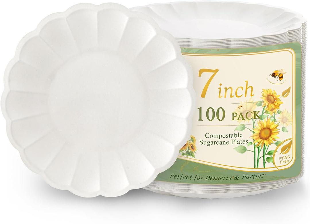 WELLIFE 100 Count 7 Inch Scalloped Dessert Plates - Elegant Floral Shape for Cake, Birthday Party, Baby Shower,Wedding - Compostable Bagasse & Leak Resistant, Microwave Safe (White)