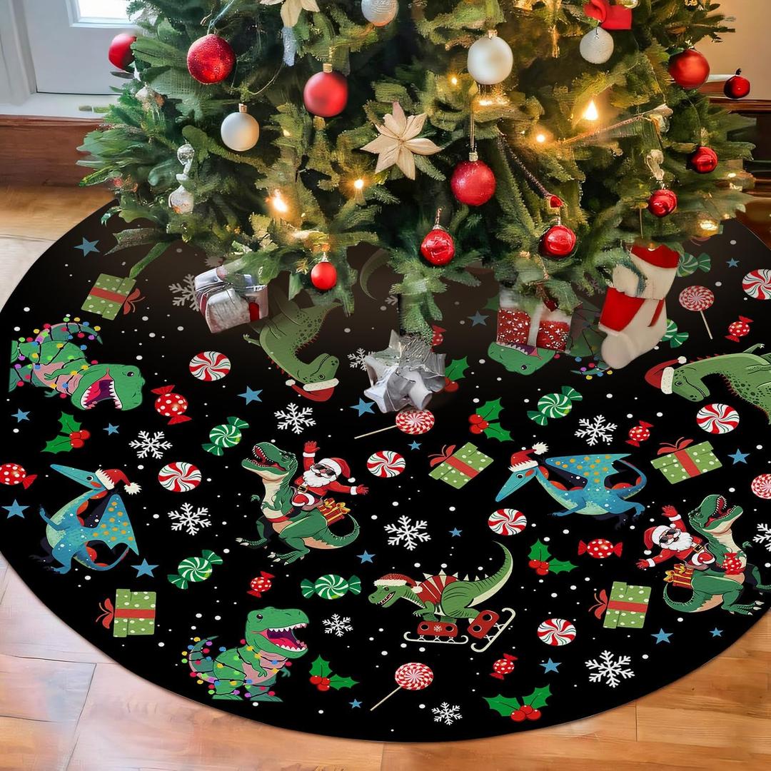 Christmas Dinosaur Tree Skirt 36in, Black Dinosaur Christmas Tree Ornament Decor for Funny Santa Claus Black Dinosaurs Christmas Tree Mat, Dino Xmas Decorations for Home New Year Holiday Party