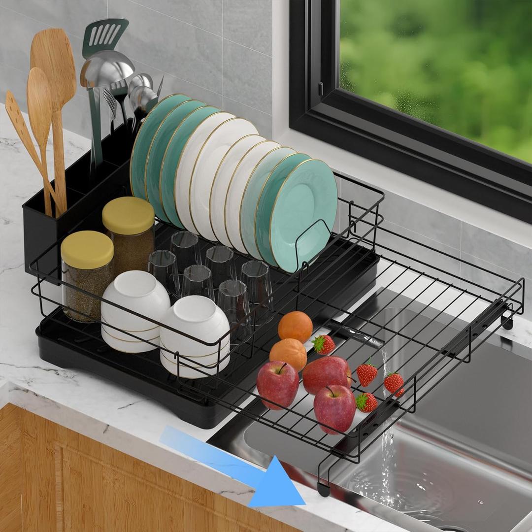 Dish Drying Rack Expandable Rack for Kitchen Counter, Carbon Steel Dish Racks Rust-Proof Large Capacity Dish Drainer with Utensil Holder, Space Saving for Bowls, Plates & Cups, Black