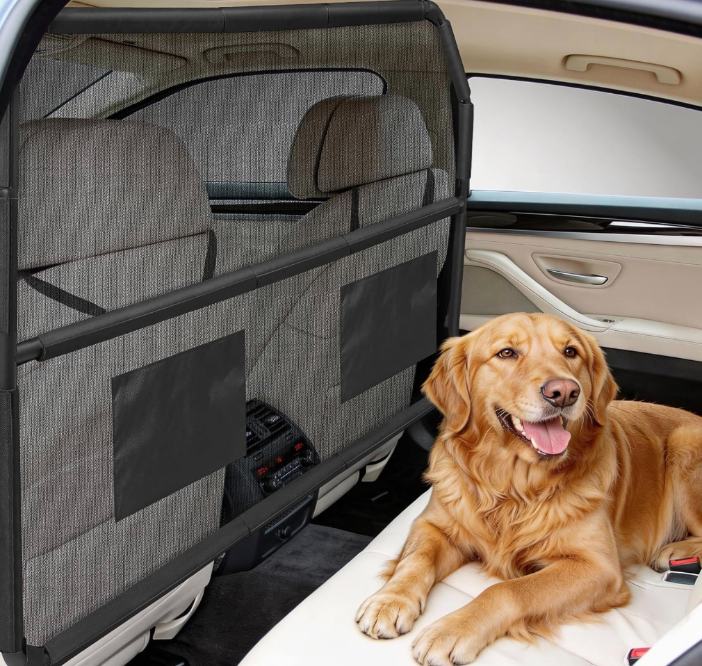 Dog Car Barrier for SUVs,Trunks and Cargo Area, UniversalFit Pet Divider Gate, 50Inch Wide Pet Barrier with See Through Net Mesh for Small Trucks and SUV & MidSized Vehicle