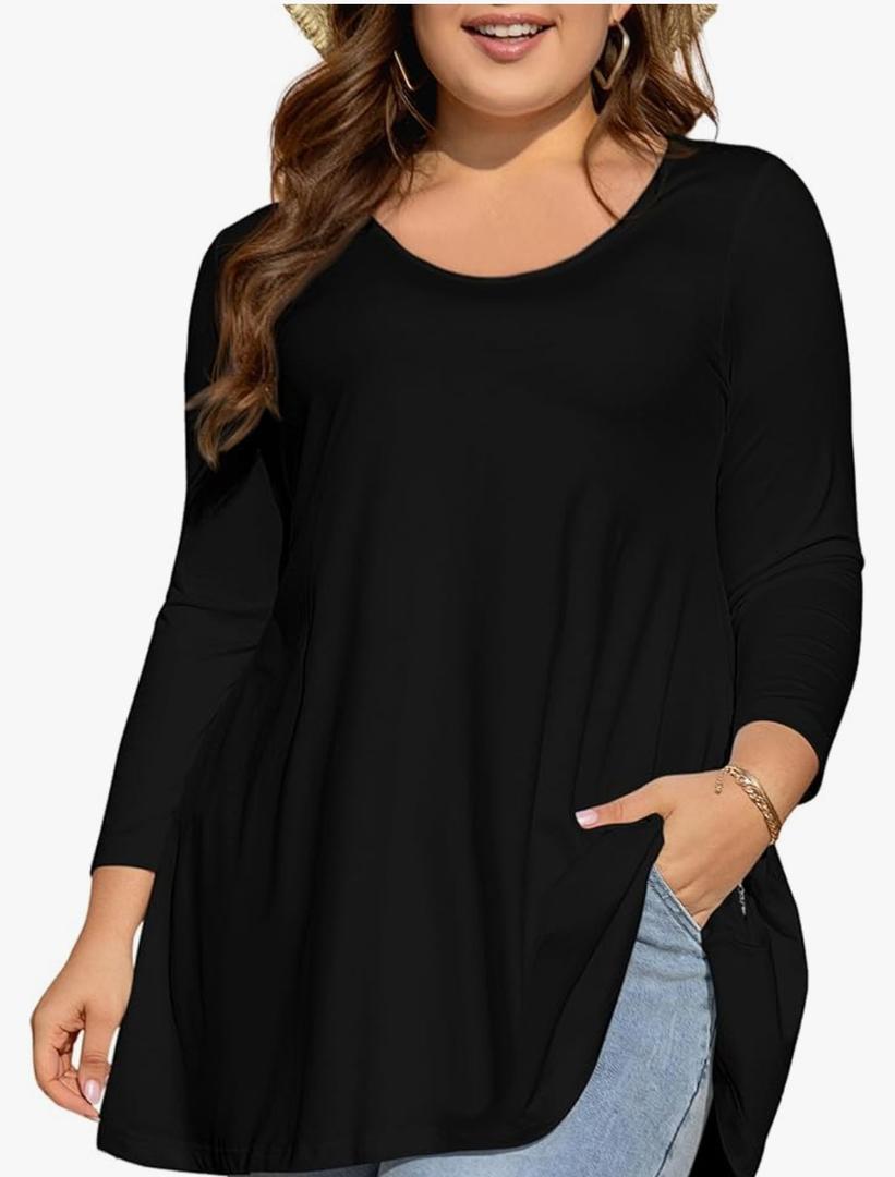 Womens Tunic Tops 3/4 Sleeve Plus Size Crew Neck Swing Flare Loose Fit T-Shirt Blouses to Wear with Leggings, Black XXL