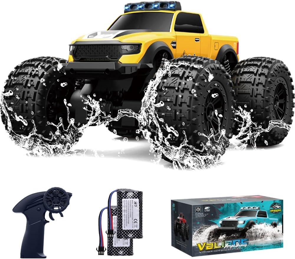 Amphibious Remote Control Car Waterproof Monster Truck Toys for Kid 4WD All Terrain Off Road RC Cars 2.4G RC Trucks 2 Batteries Drift RC Stunt Cars for Boys Age 8-12 Kids Gifts (Yellow)