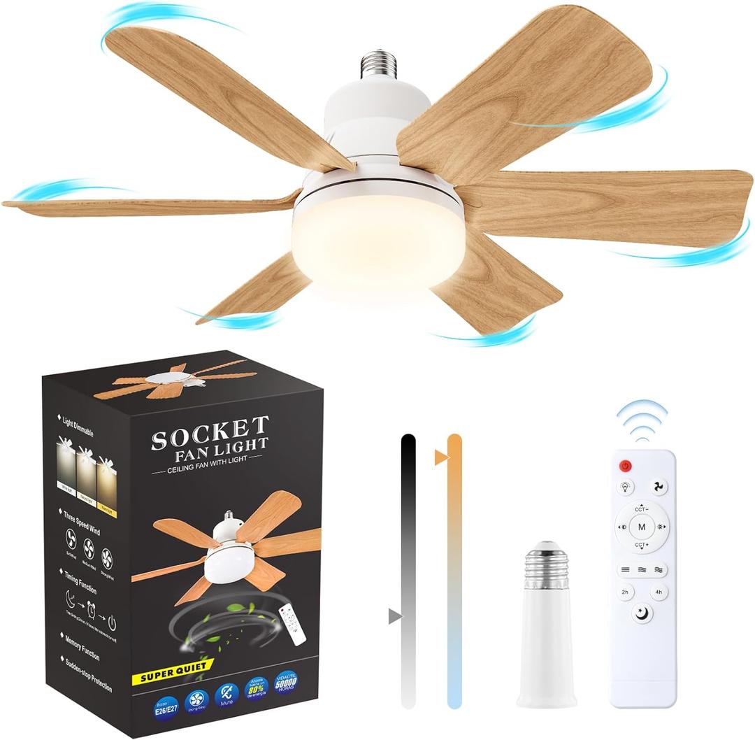 Socket Fan Light with Remote Control, 20" Screw in Ceiling Fans with Lights & Socket Extender Light Bulb Fan 3 Speeds, Ceiling Fan Light 6 Blades for Bedroom, Kitchen, Garage, Wood Grain