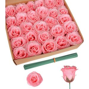 30PCS Glitter Roses Fake Peach Flowers Artificial Roses with Stems for Wedding Bouquet Party Christmas Home Decor(Peach with Silver Glitter)