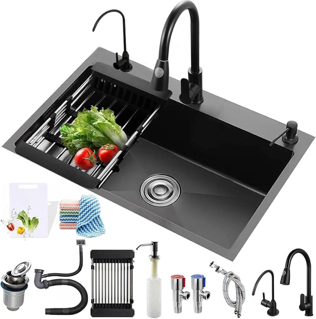 Black Kitchen Sink, Stainless Steel Single Bowl Sink, Embedded/Top Mounted Workbench Sinks With Sliding Accessories, Workbench Sink With Multiple Accessories (31.5 x 17.7in)