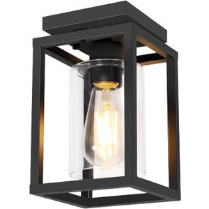 Semi Flush Mount Ceiling Light Fixture, Black Metal Frame Porch Ceiling Light Fixture with Clear Glass Shade and E26 Ceramic Base, Farmhouse Light Fixtures for Kitchen Entryway Foyer 