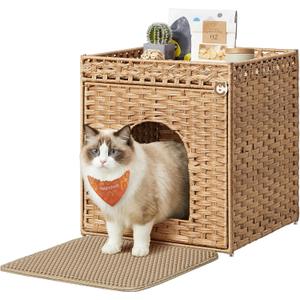 Feandrea Cat Litter Box Enclosure, Handwoven Rattan Hidden Litter Box Furniture with Extra Mat, Removable Washable Tray, Boho Cat House, End Table, Goose Yellow UPCL024YE01