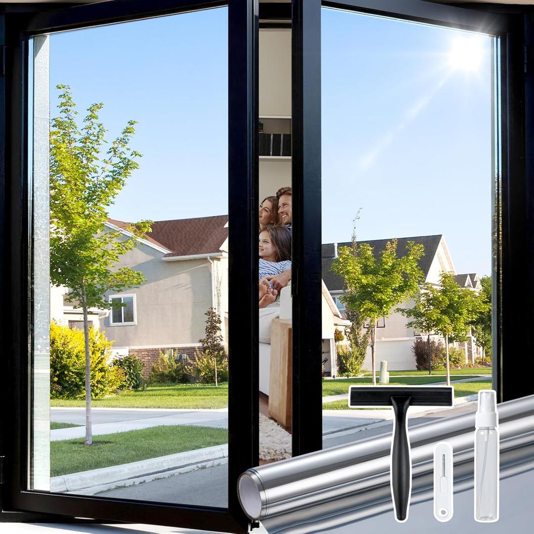Rabbitgoo One Way Window Privacy Film Tint with 3 Tools for Home, Sun Heat UV Blocking Control Reflective Adhesive Mirror Tint See Out Not in Office Door Covering, Silver, 23.6 x 78.7 inches