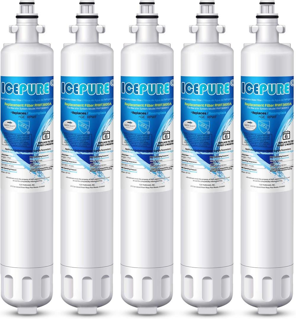 ICEPURE RPWF Refrigerator Water Filter Replacement For GE RPWF(NOT FOR RPWFE), WATER SENTINEl WSG-4, RWF3600A, 5PACK (Blue-Chlorine, Odor Removal)