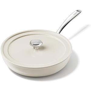 Redchef Ceramic Deep Saute Pan with Lid, Large Jumbo Cooker 3.5QT, 11" Frying Pan Nonstick with Stay Cool Handle, Non Toxic Cooking Skillet, Kitchen, Induction Dishwasher Safe, PFOA & PFAS Free(Beige)
