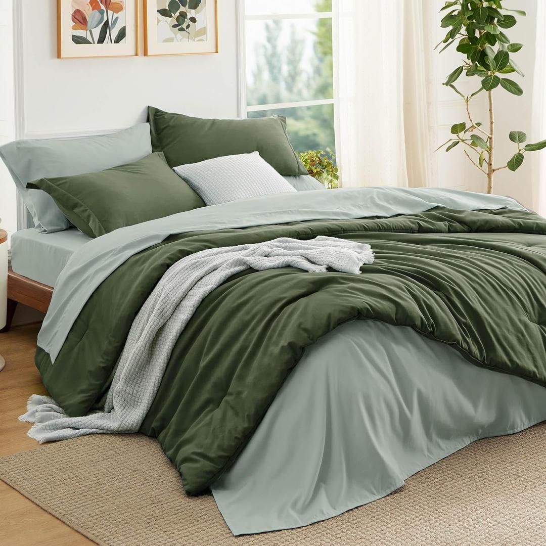 Bedsure King Size Comforter Set - 7 Pieces Olive Green King Bedding Set for All Seasons, Boho Contrasting Design Bed in a Bag with Comforter, Sheets, Pillowcases & Shams