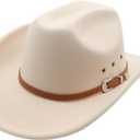 Cowboy Hat for Men Western Cowgirl Hat for Women Unisex Wide Brim Felt Fedora Hats Classic Cowboy Hats with Buckle Belt (Beige)