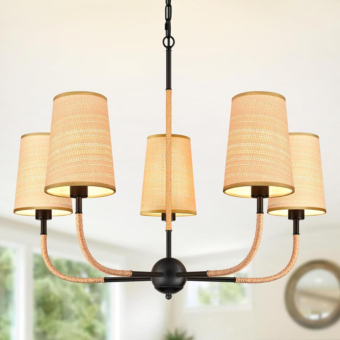 28" Black Boho Rattan Chandelier for Living Room 5-Light Coastal Boho Pendant Light Fixture Bedroom Adjustable Rustic Farmhouse Chandeliers for Dining Room Kitchen Island Foyer Entryway