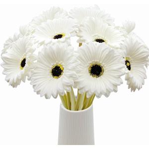 15 Pcs Artificial Gerbera Daisies Flowers Fake Daisy Real Touch PU Faux Flowers Bouquet for Indoor Home Arrangements Vase Wedding Party Table Centerpiece DIY Floral Decor (White)