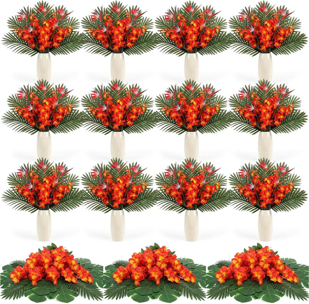 Hotop 49 Pcs Artificial Tropical Flowers Bulk - Mixed Size 11-68cm Realistic Bird of Paradise, Freesia, Azalea, Palm Leaves, Monstera Vibrant & Durable for Hawaii Wedding, Summer Party, Outdoor Decor