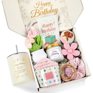 Birthday Gifts for Women, 10Pcs Gifts for Women, Teachers, Coworker, Sisters and Friends, Happy Birthday Card with Exquisite 304 Stainless Steel Straw Mug(Pink)