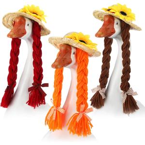3 Pcs Thanksgiving Porch Goose Wigs Porch Goose Outfit DIY Cute Lawn Statue Braid Grass Hat Wig Decoration Costume Accessories for 23 Inch Outdoor Garden Patio Yard Decoration