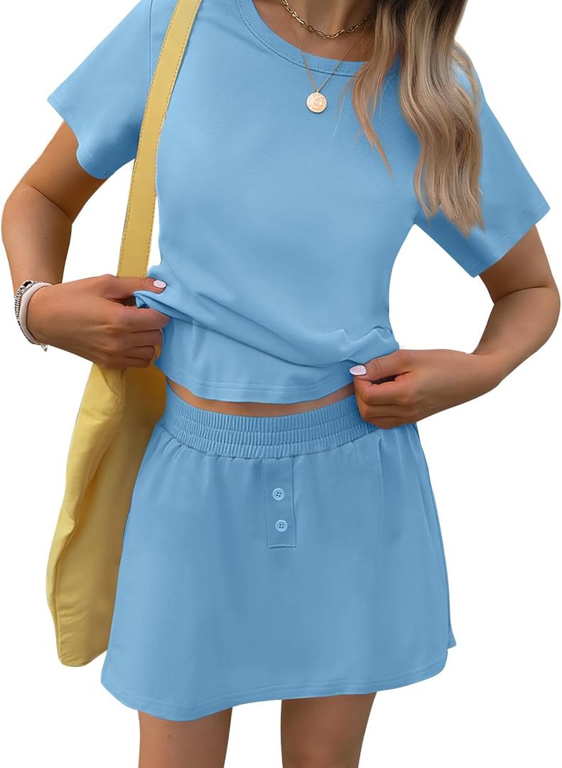 TCOT Pajamas for Women Set Summer Fashion Short Sleeve Crewneck Tops with Skirt Sets Pajama Casual Loungewear (XX-Large, A Light Blue)